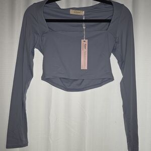 S Qinsen Women's Slate Long Sleeve Crop Top NWT